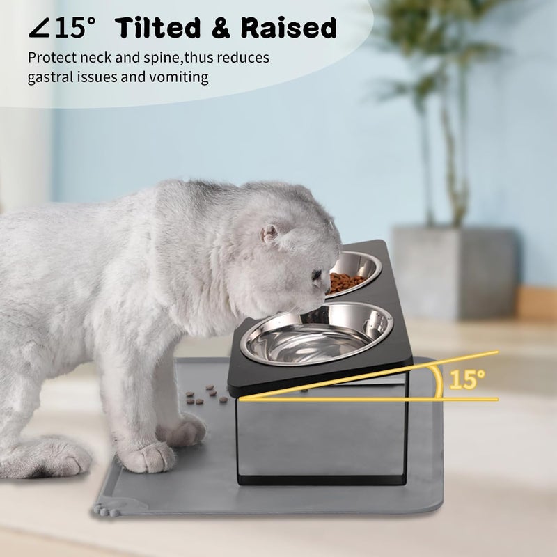 Summark Upgraded Elevated Cat Bowls with Food Mat,15°Tilted Stand Anti Vomiting Raised Cat Dishes for Food and Water,2 Stainless Steel Bowls for Cats and Puppy（Black） - Image 4